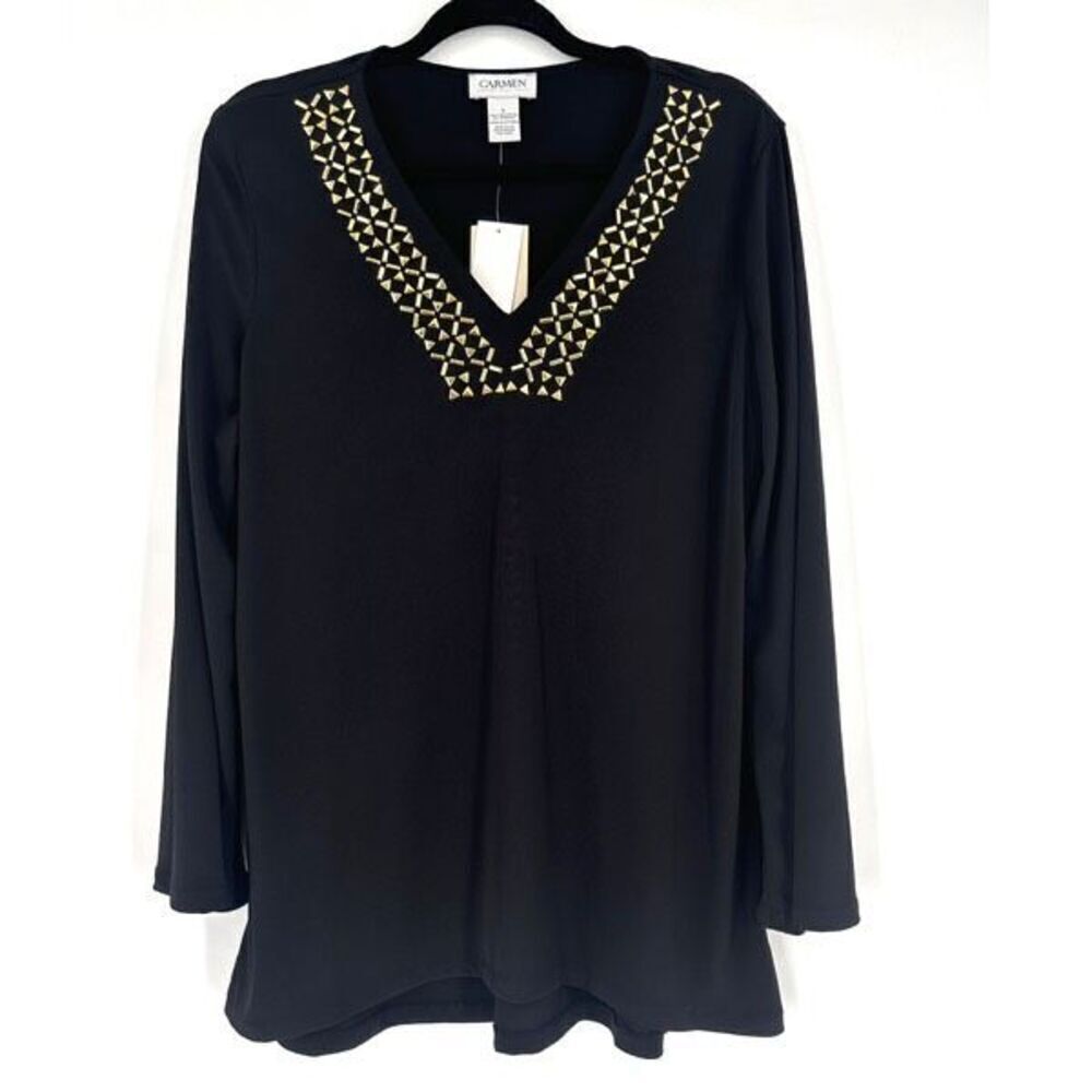 NWT Carmen Marc Valvo Women's V Neck  Studded Tunic Blouse Black Gold Size Large